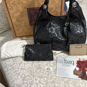 Elegant Vintage Brighton Florencia Black Embossed Handbag and Wallet Set